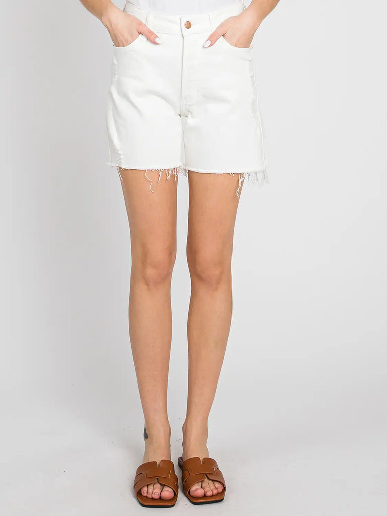 Button Fly Distressed Short - Optic White